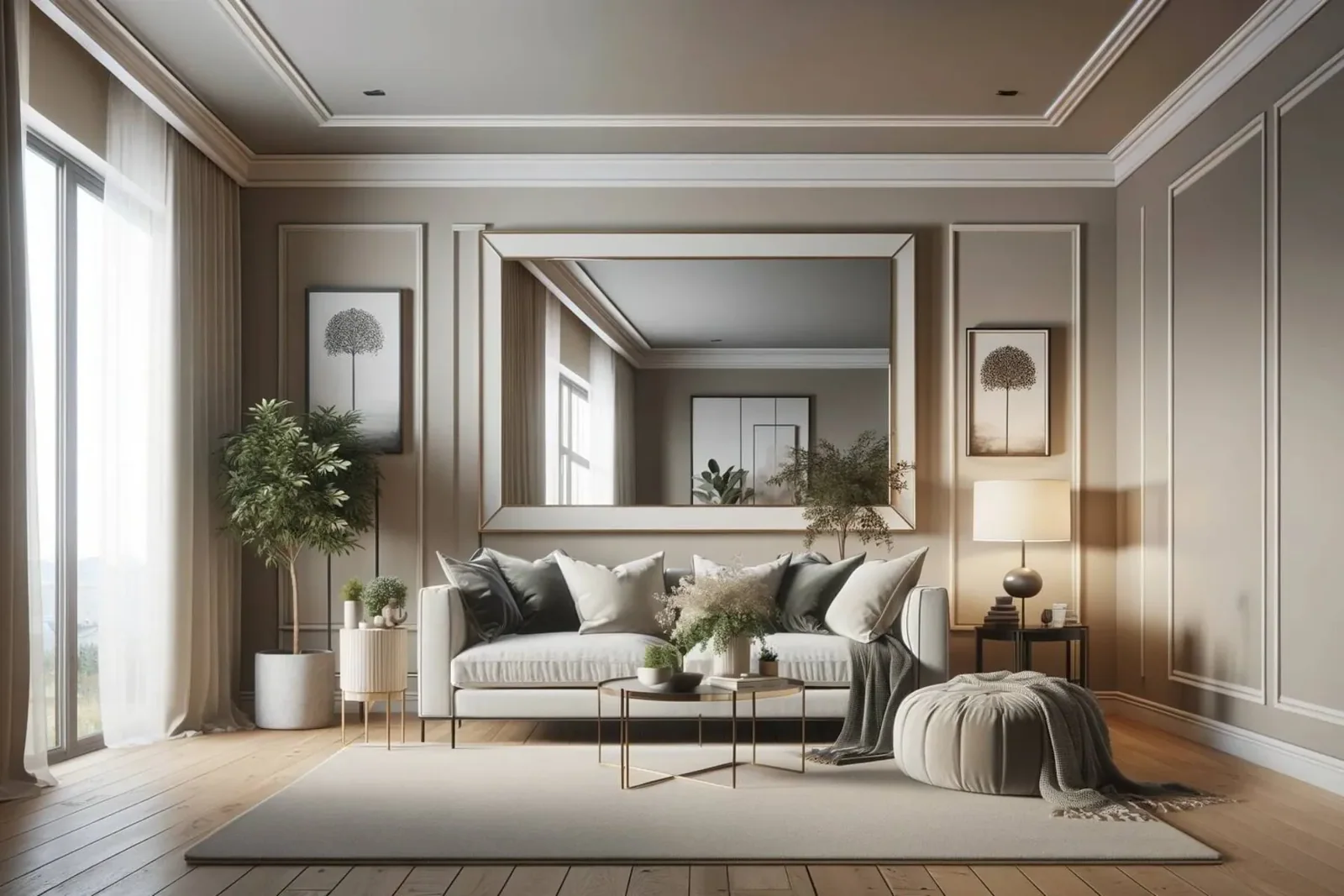 Modern home interior with mirrors as a decorative element in wall decor