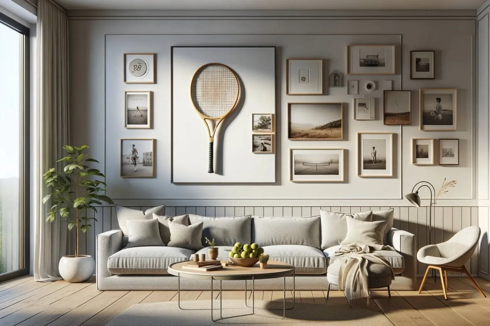 modern living room that subtly incorporates the homeowner's interests into the wall decor
