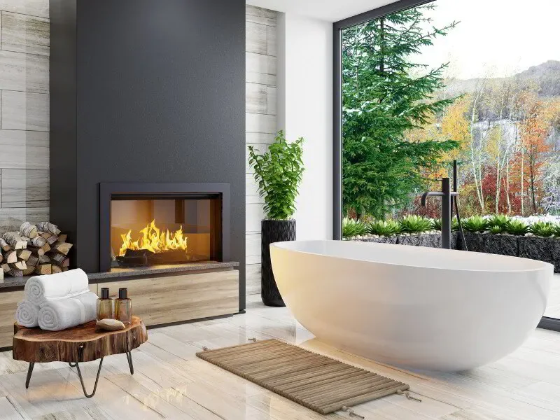Modern Scandinavian bathroom with fireplace