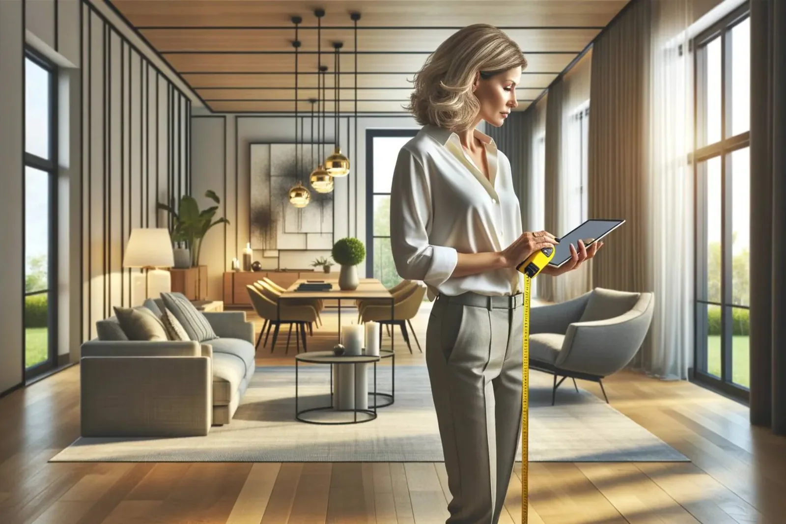 Interior designer in a modern home, measuring a room