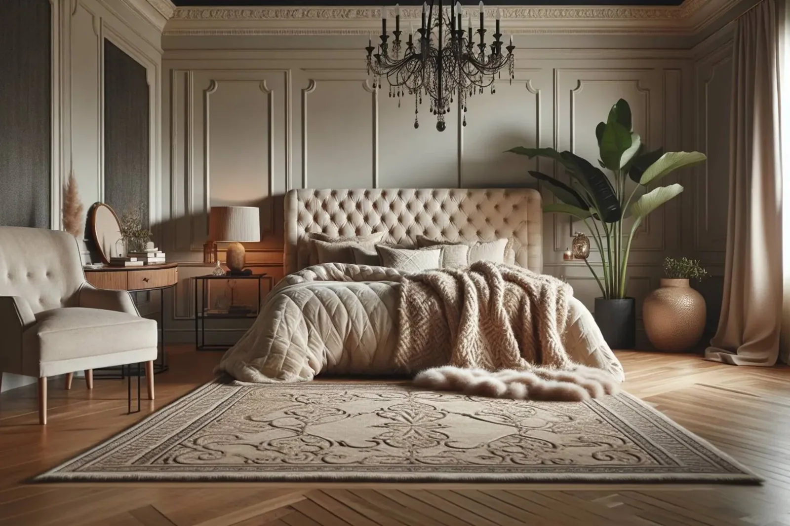 Sophisticated bedroom retreat with warm textures and elegant decor