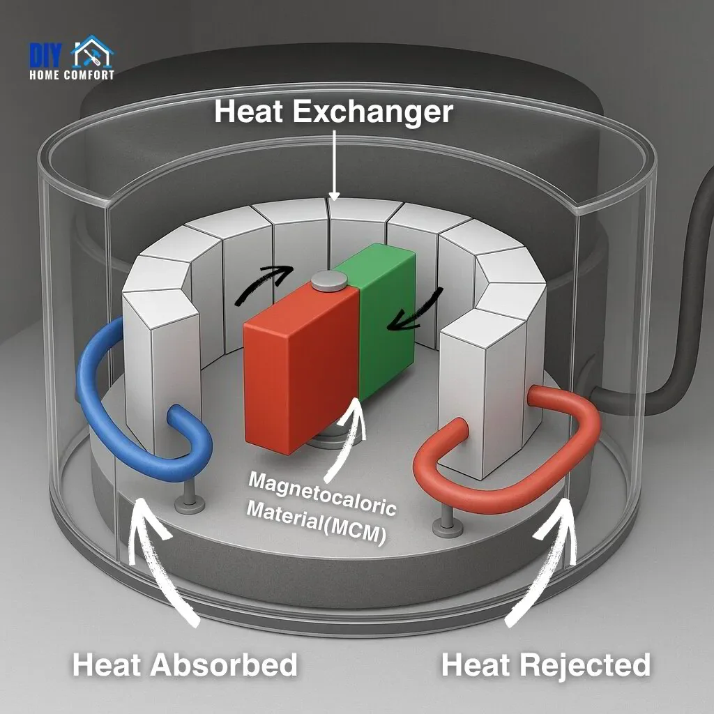 3D-rendered illustration of a magnetocaloric cooling system enclosed in a clear cylindrical housing. Inside, a red and green magnetocaloric material (MCM) block is mounted centrally, surrounded by curved white magnetic elements. Blue and red heat exchanger pipes extend from opposite sides, representing the cold and hot fluid pathways. The setup is mounted on a circular platform, with the entire system visible through the transparent enclosure.