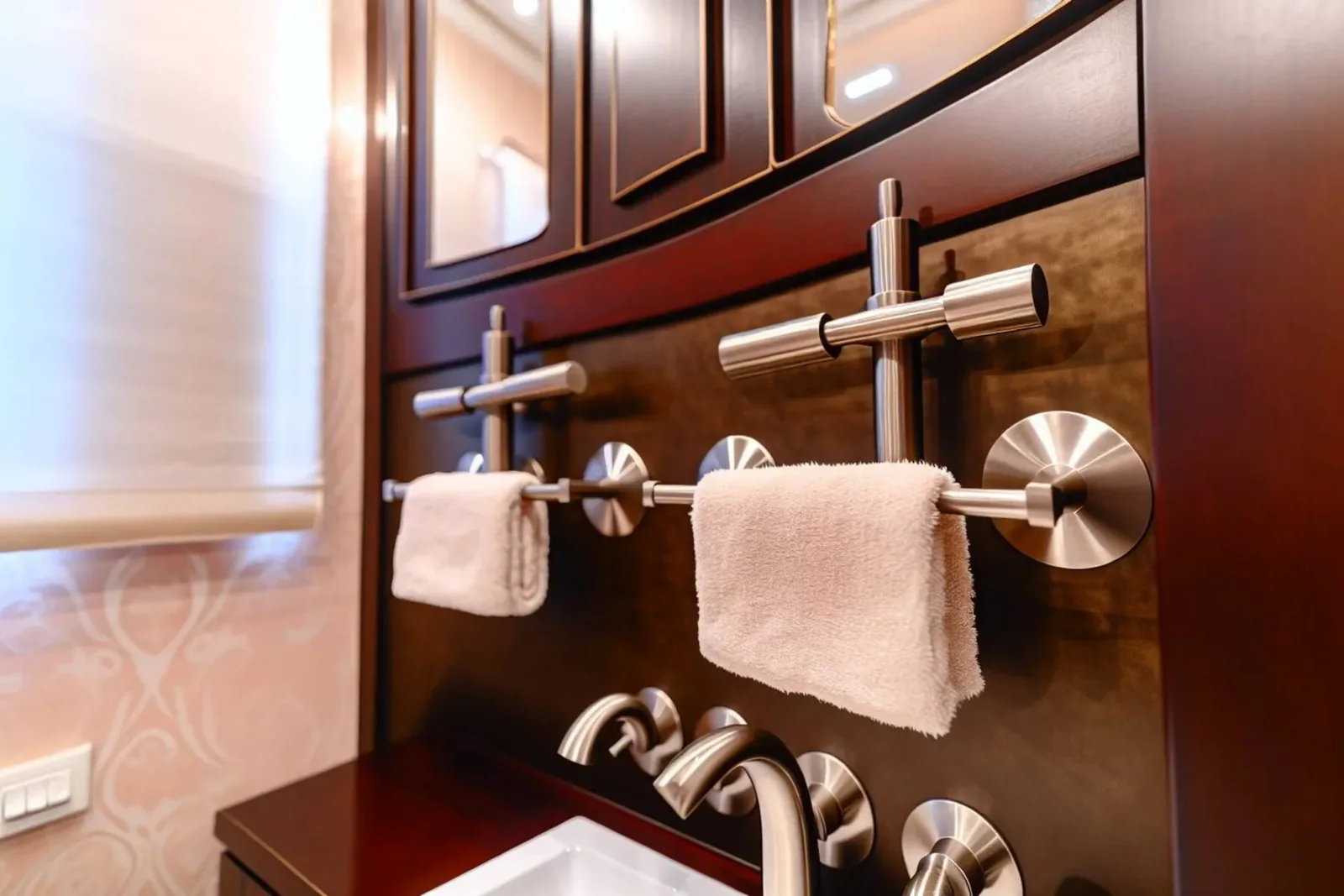 Brushed nickel fittings in a modern bathroom