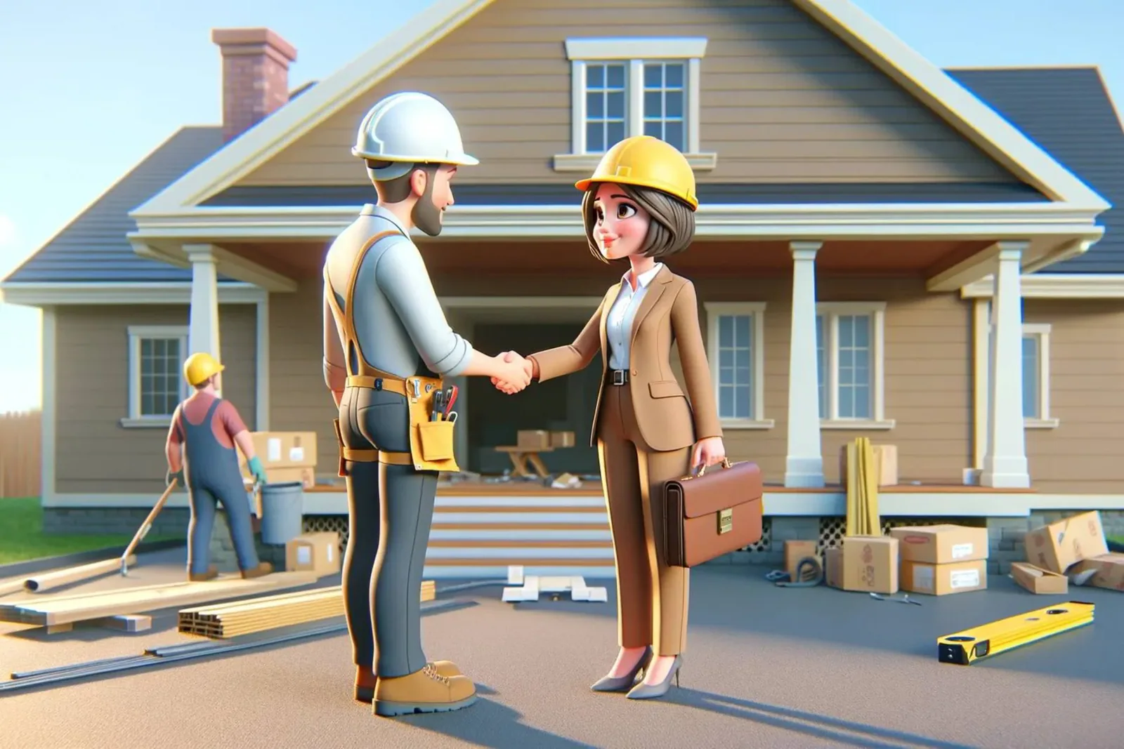 Renovation project manager shaking hands with a contractor finalizing the project