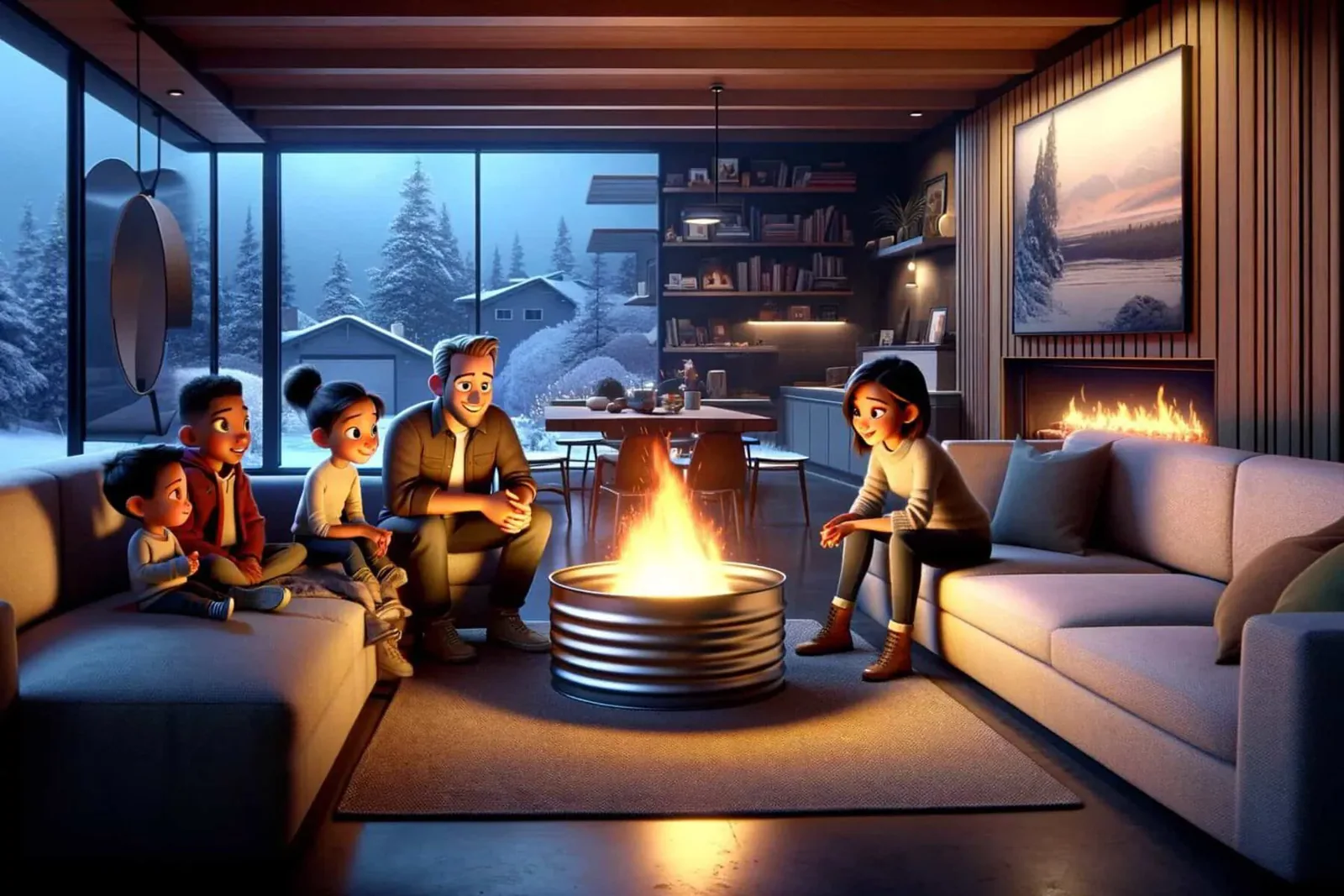 family in a modern American living room, gathered around a metal drum with a fire inside for warmth