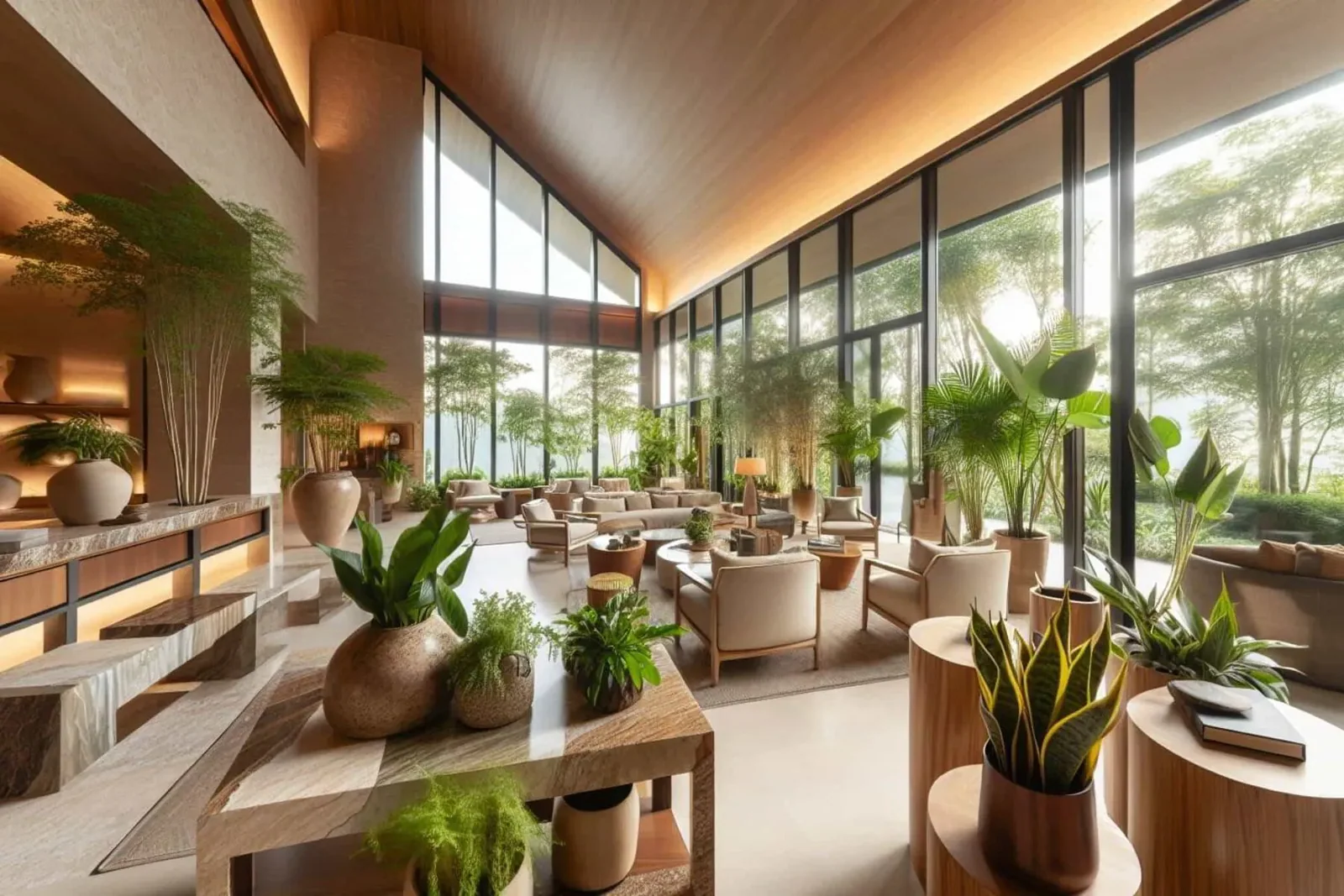 Luxury interior design with natural materials and biophilic design principles