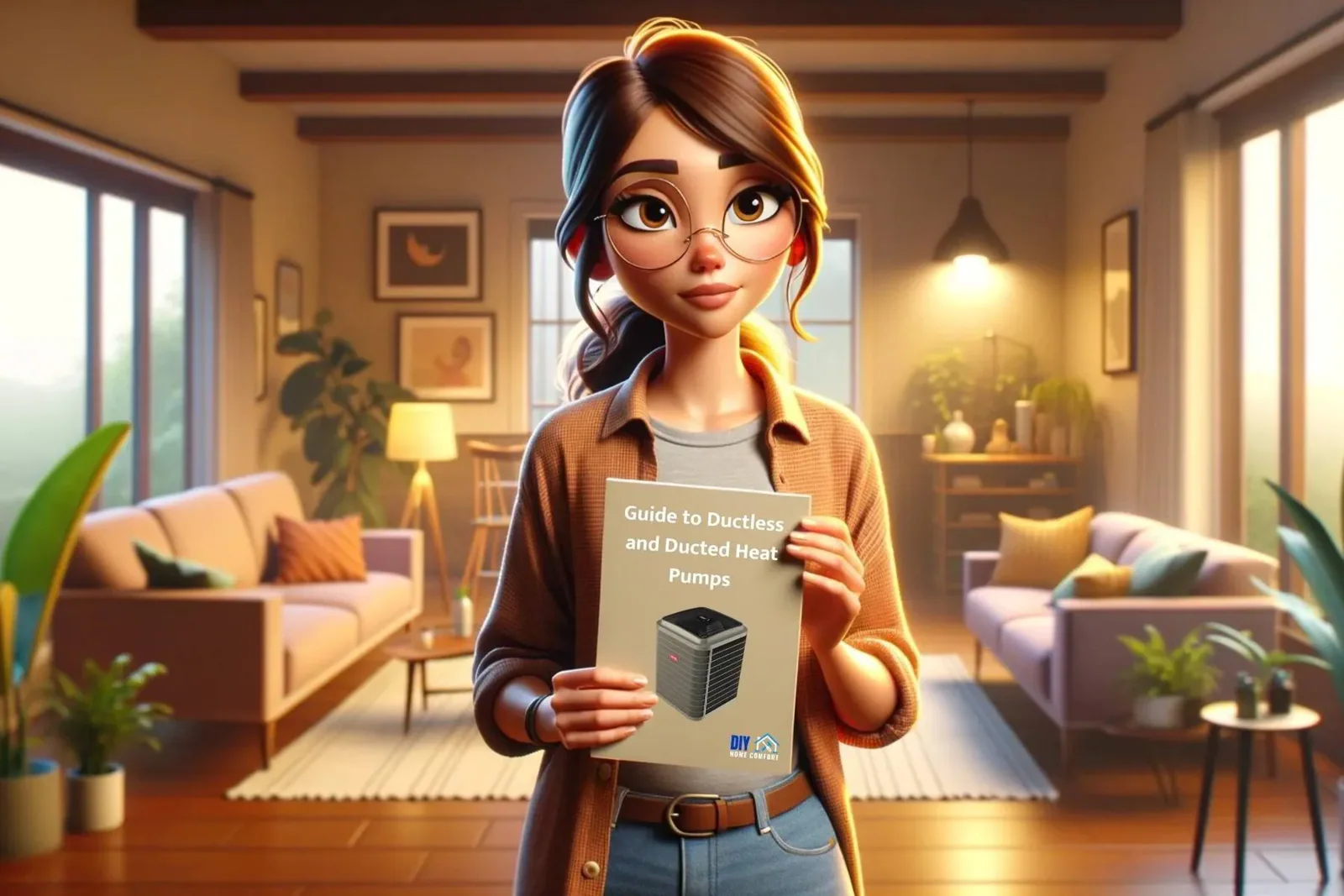 Woman with a guide to ductless and ducted heat pumps