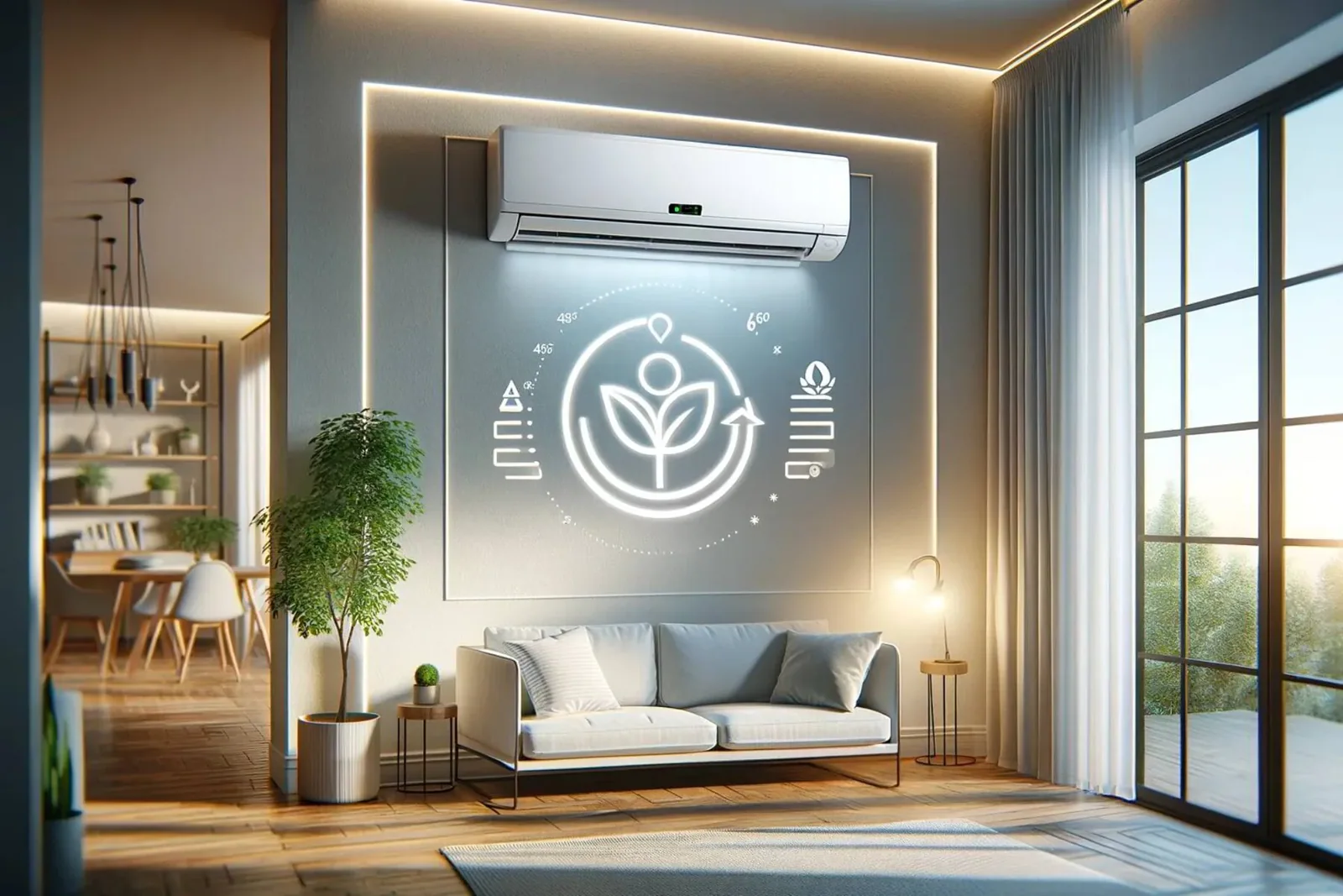 Ductless heat pump with an efficiency chart on the wall