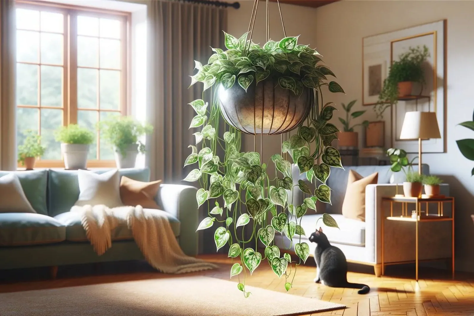 Hoya Silver Splash suspended in stylish planters, hanging elegantly with vibrant green leaves