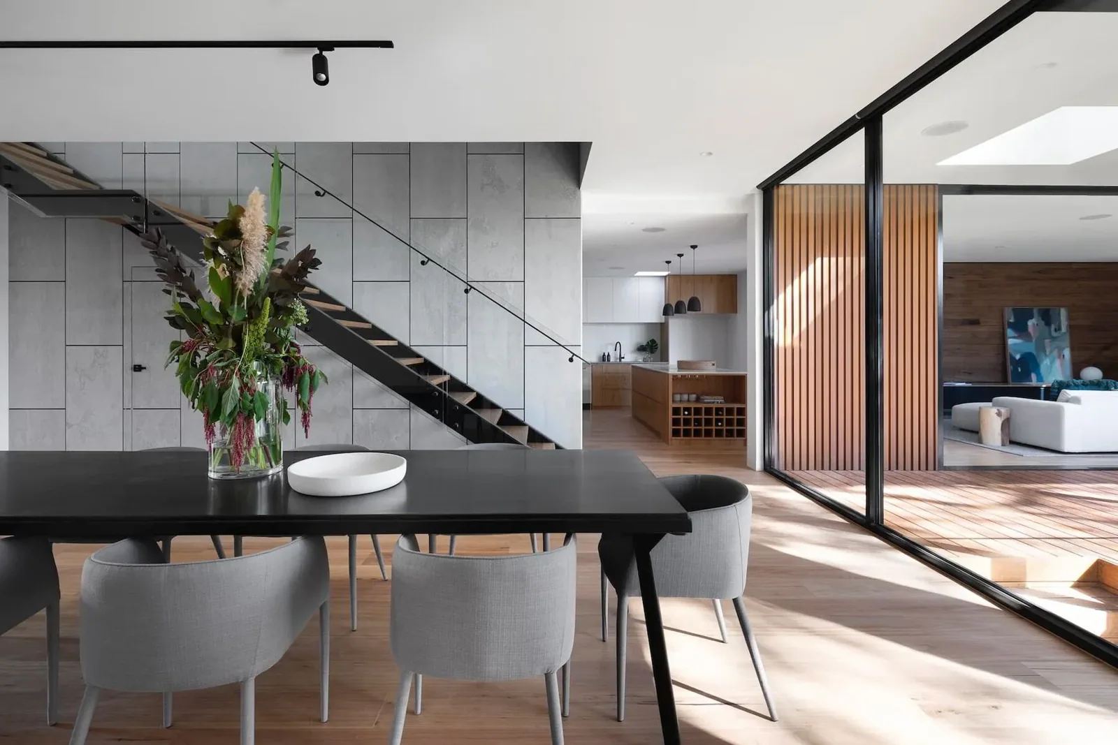 a modern interior design style in an open dining area