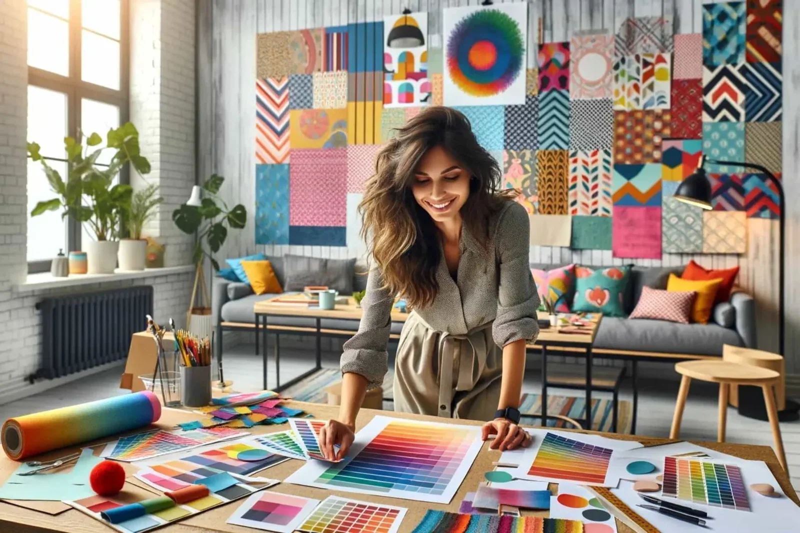 stylish interior designer in a colorful and fun workspace, actively engaged in designing a client's wall decor