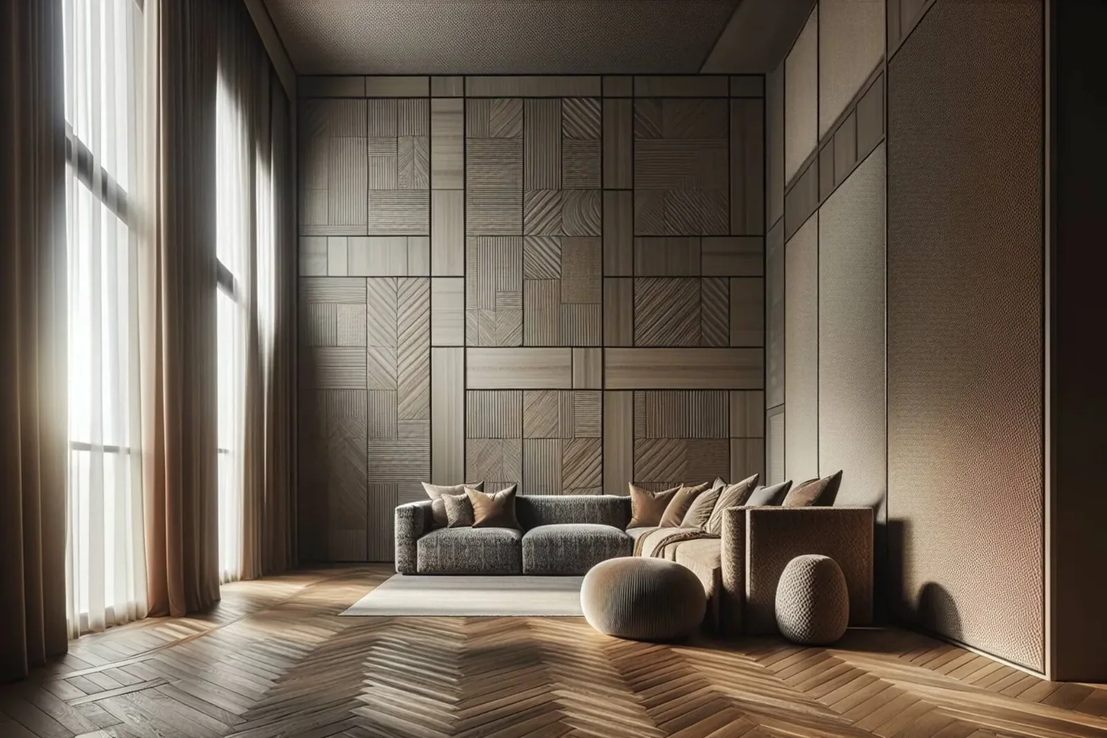 Role of patterns and textures in establishing rhythm, creating depth and movement in a space