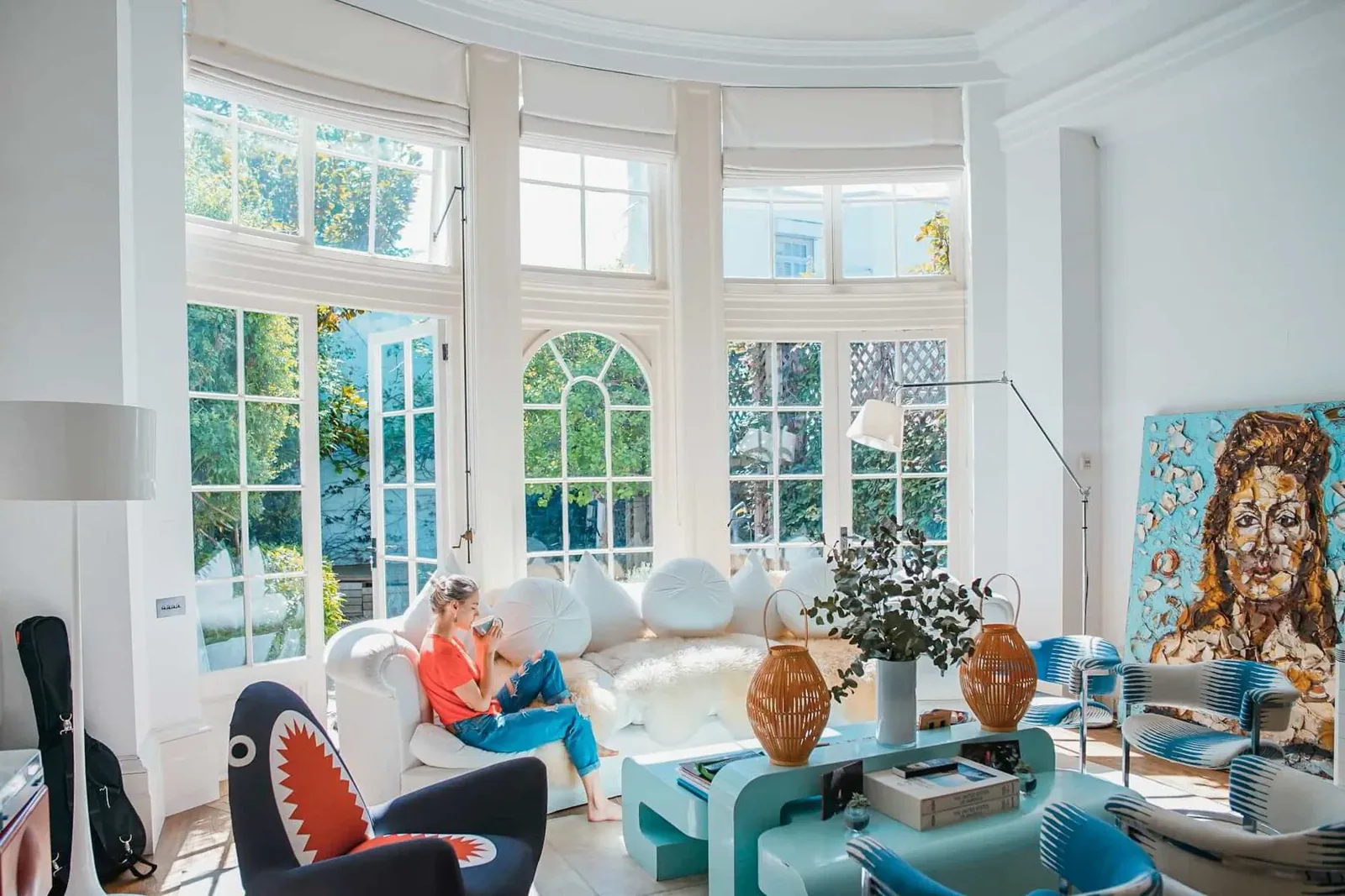 Bright living room with high ceilings