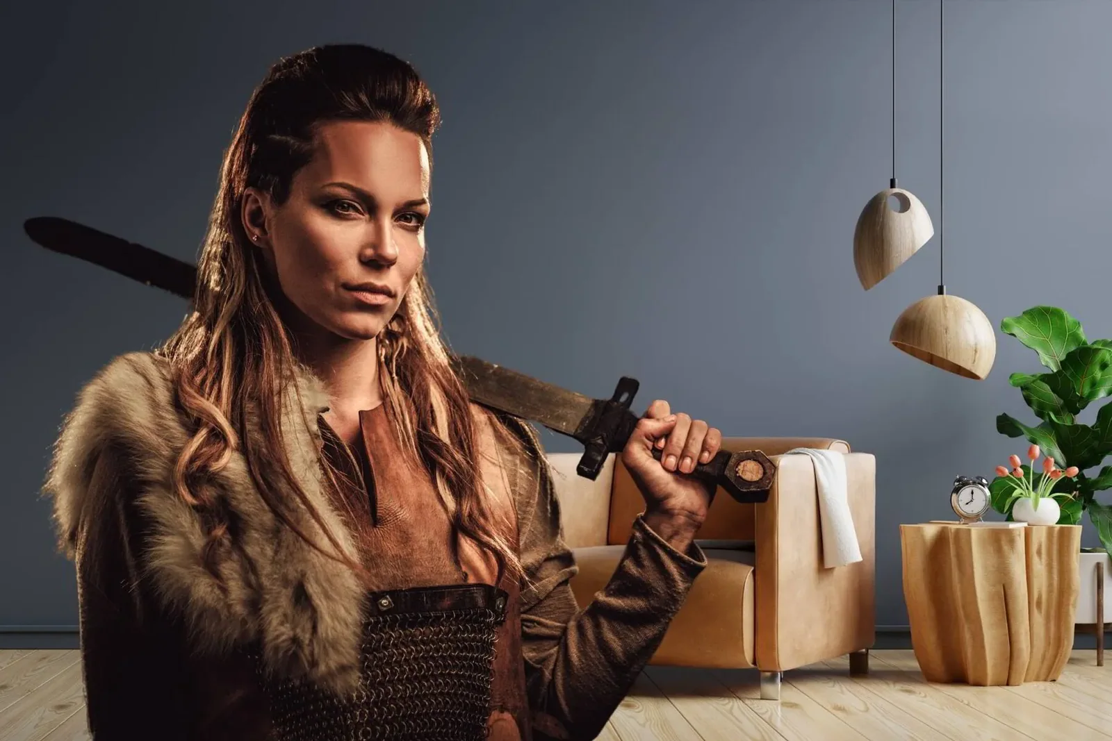 Scandinavian living room with female viking