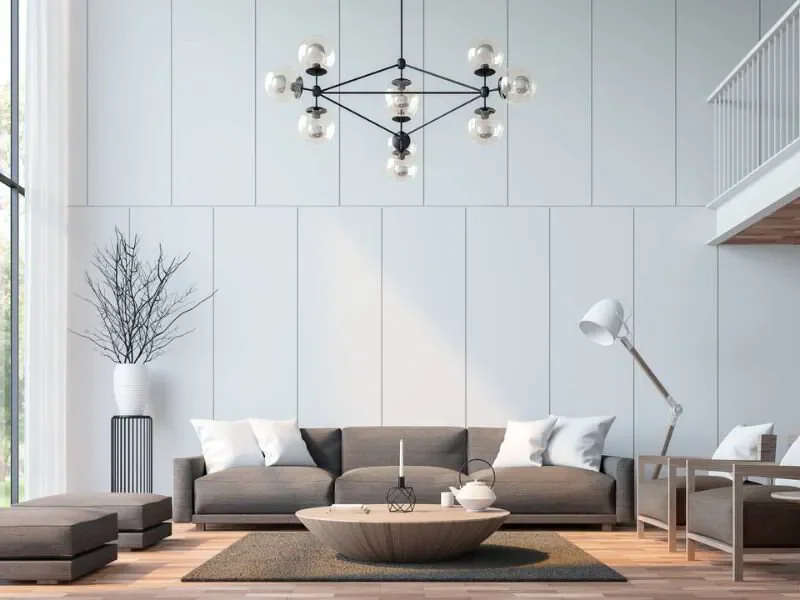 living room with high ceilings and modern chandelier